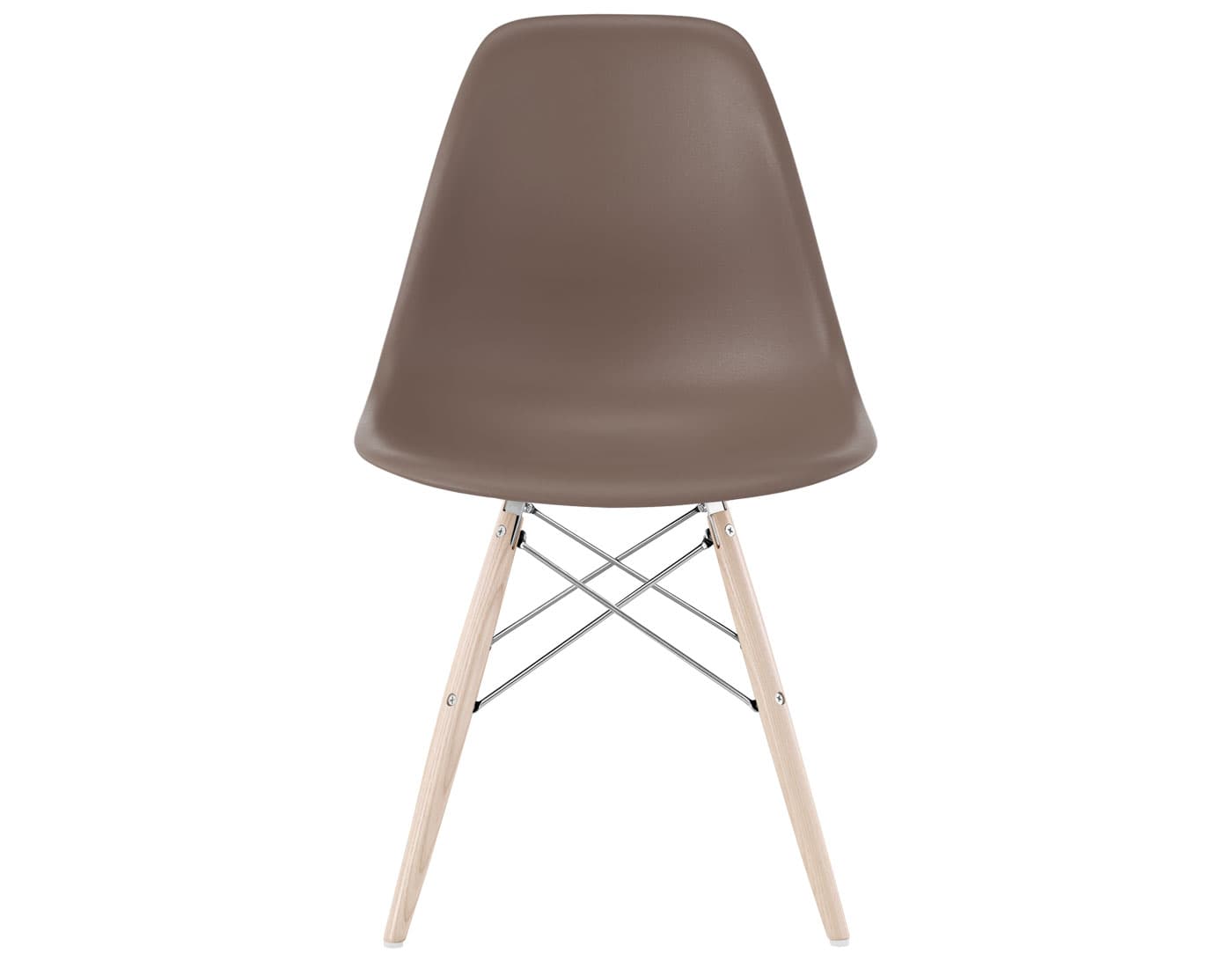 eames molded plastic side chair with dowel base / standard glides with felt bottom  / 100% recycled plastic - cocoa  / white ash with white glides  / trivalent chrome