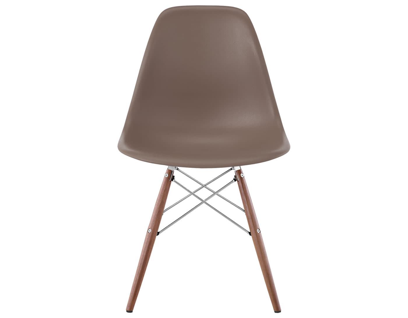 eames molded plastic side chair with dowel base / standard glides with felt bottom  / 100% recycled plastic - cocoa  / walnut with black glides  / trivalent chrome