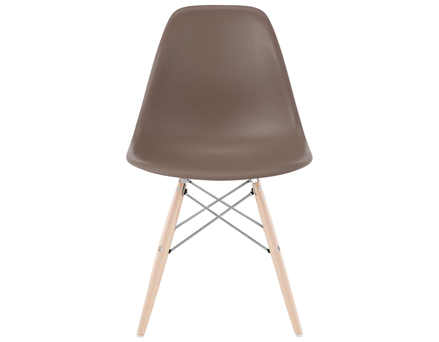 eames molded plastic side chair with dowel base / standard glides  / 100% recycled plastic - cocoa  / maple with white glides  / trivalent chrome