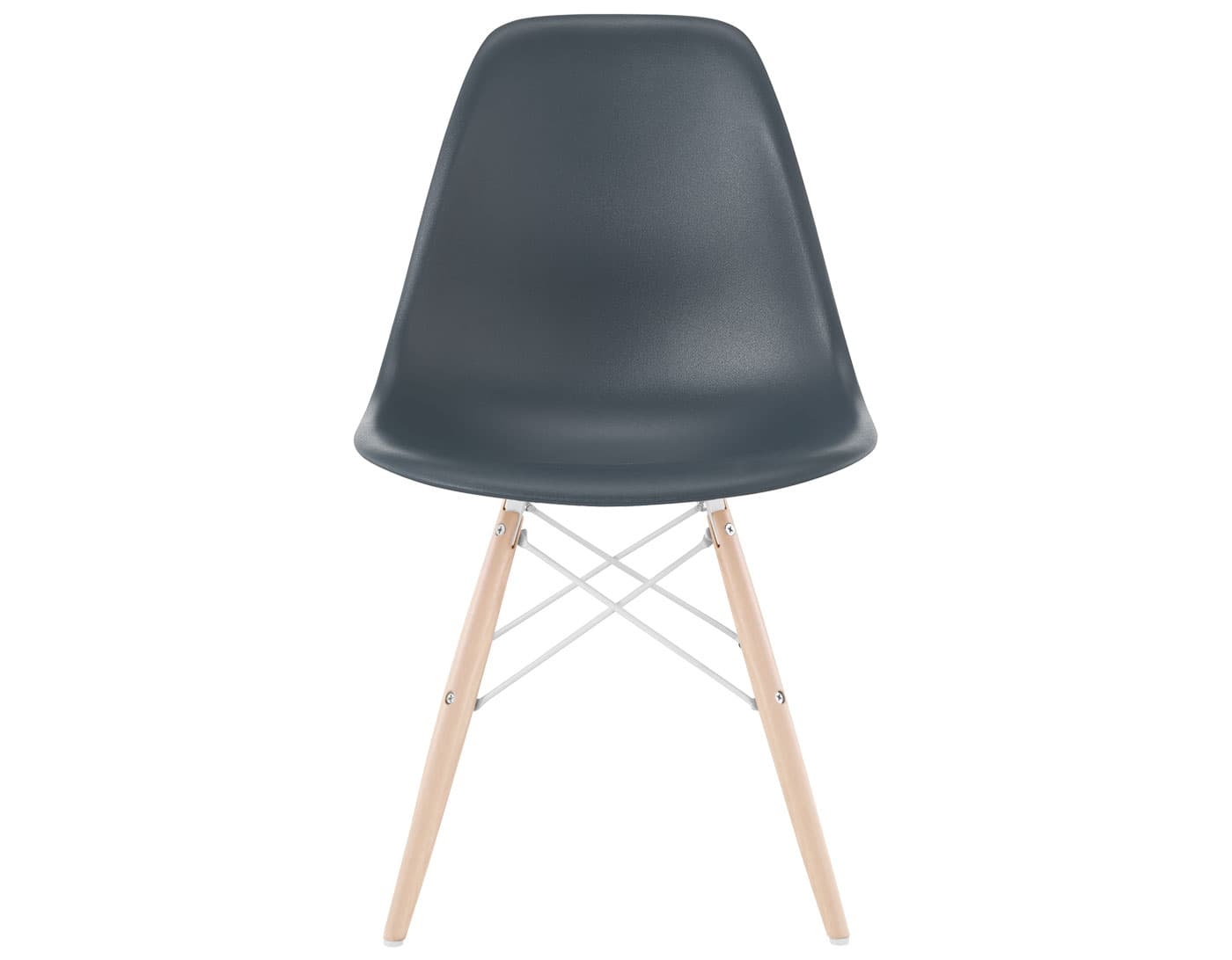 eames molded plastic side chair with dowel base / standard glides with felt bottom  / 100% recycled plastic - medium grey  / maple with white glides  / white