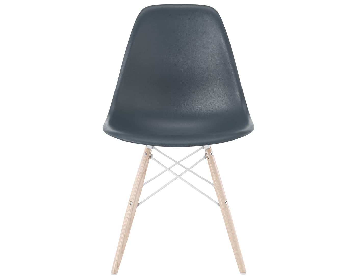 eames molded plastic side chair with dowel base / standard glides with felt bottom  / 100% recycled plastic - medium grey  / white ash with white glides  / white