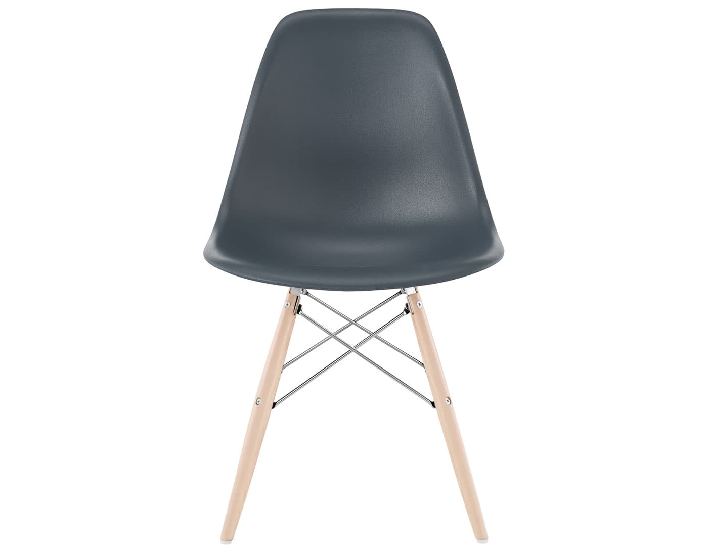 eames molded plastic side chair with dowel base / standard glides with felt bottom  / 100% recycled plastic - medium grey  / maple with white glides  / trivalent chrome