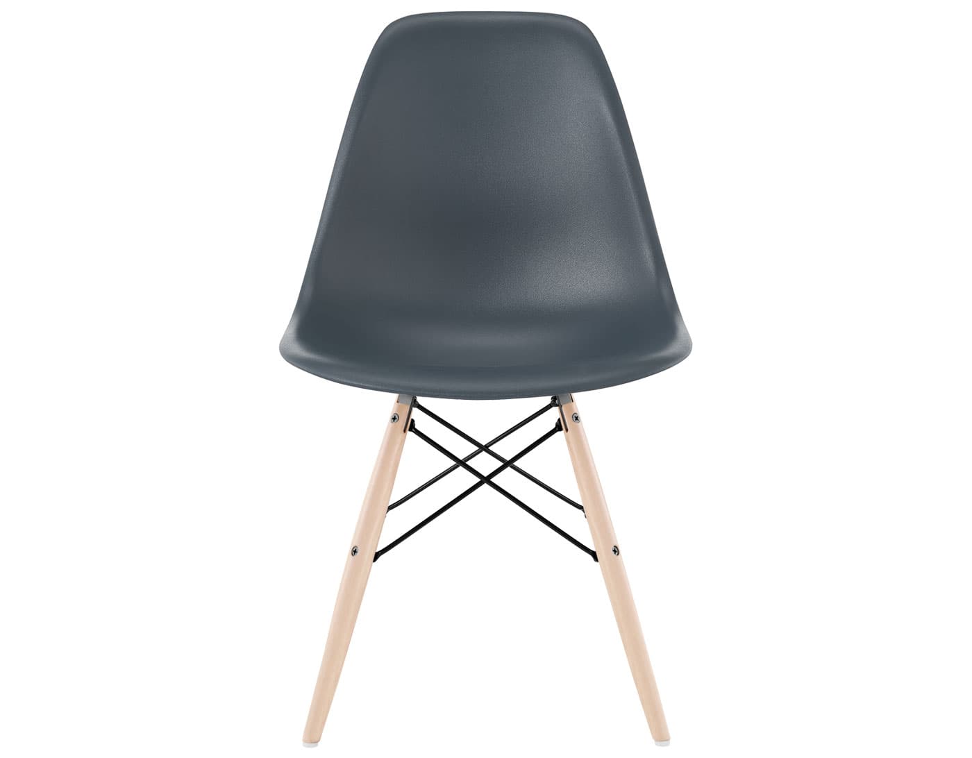 eames molded plastic side chair with dowel base / standard glides  / 100% recycled plastic - medium grey  / maple with white glides  / black