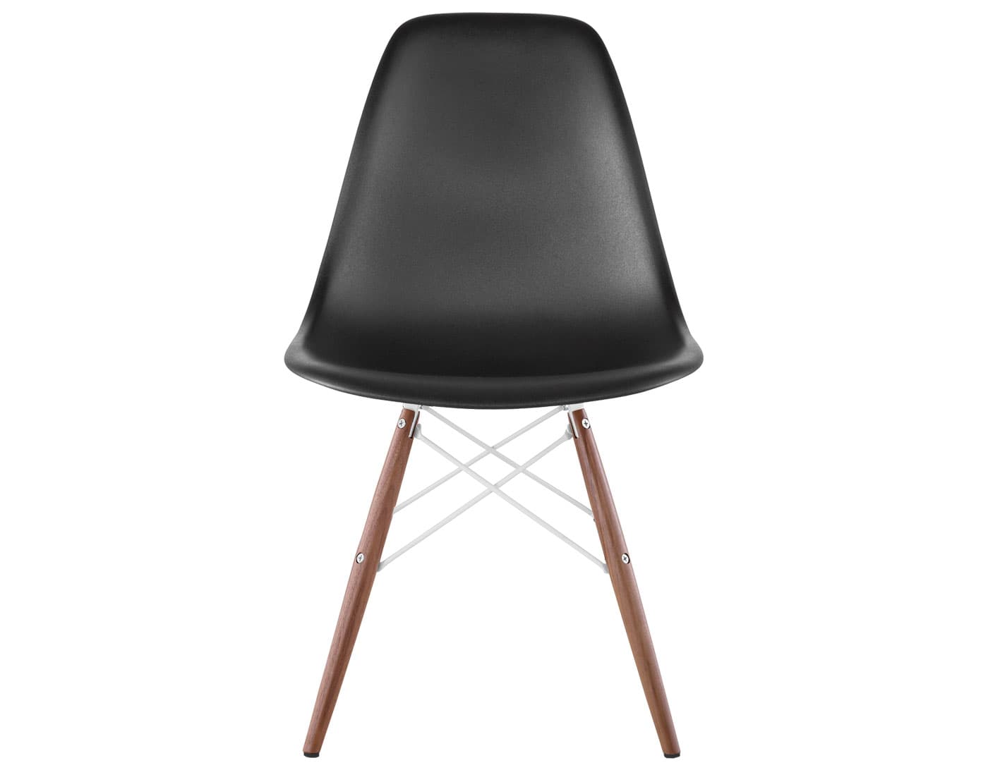 eames molded plastic side chair with dowel base / standard glides  / 100% recycled plastic - black  / walnut with black glides  / white