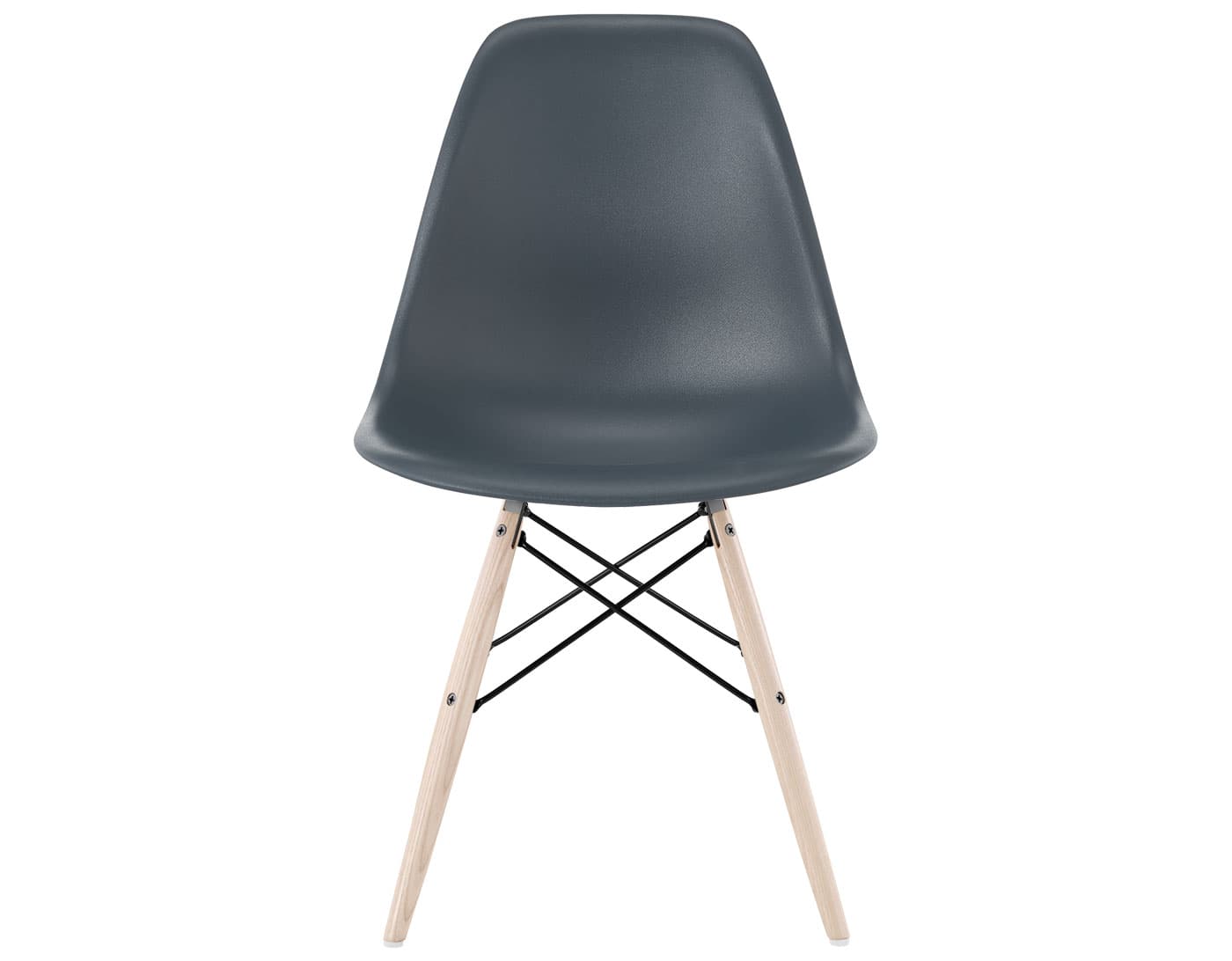 eames molded plastic side chair with dowel base / standard glides  / 100% recycled plastic - medium grey  / white ash with white glides  / black