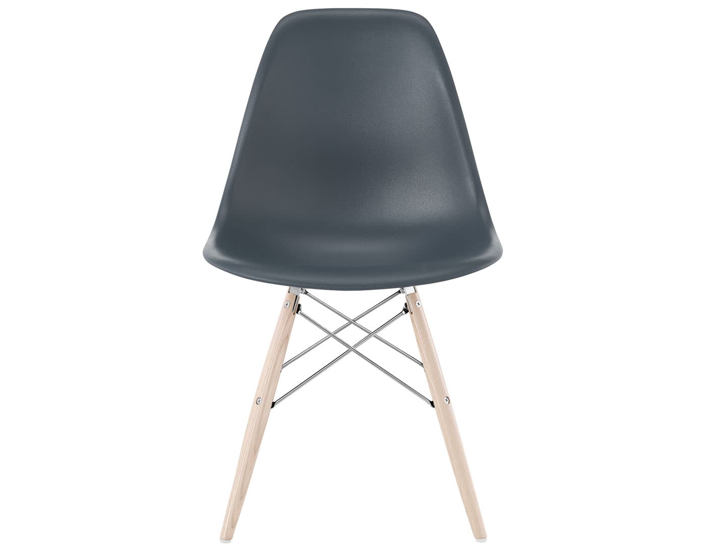 eames molded plastic side chair with dowel base / standard glides  / 100% recycled plastic - medium grey  / white ash with white glides  / trivalent chrome