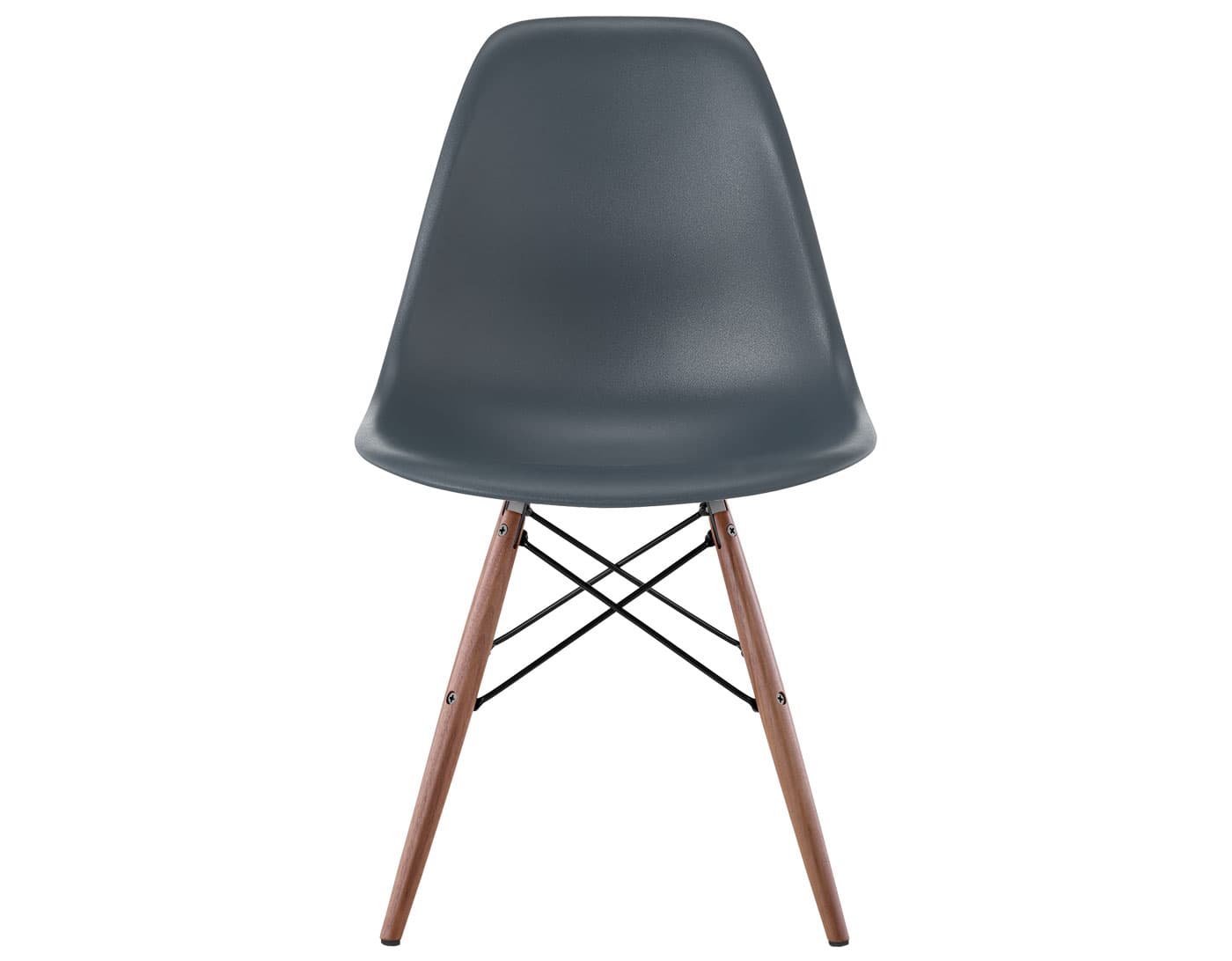 eames molded plastic side chair with dowel base / standard glides  / 100% recycled plastic - medium grey  / walnut with black glides  / black