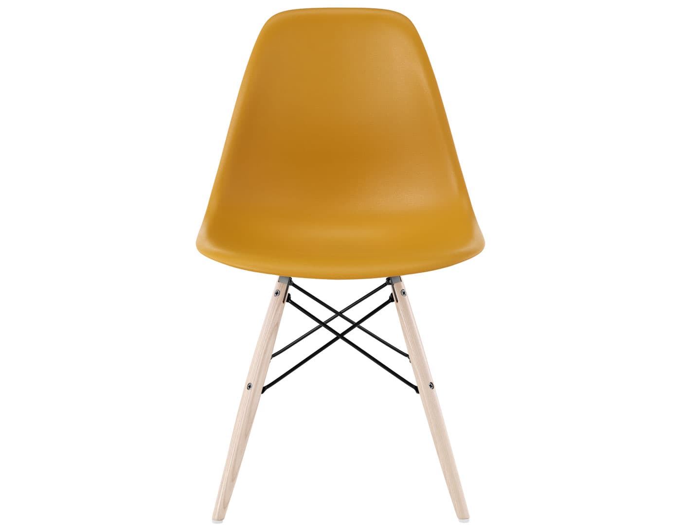 eames molded plastic side chair with dowel base / standard glides  / 100% recycled plastic - deep yellow  / white ash with white glides  / black