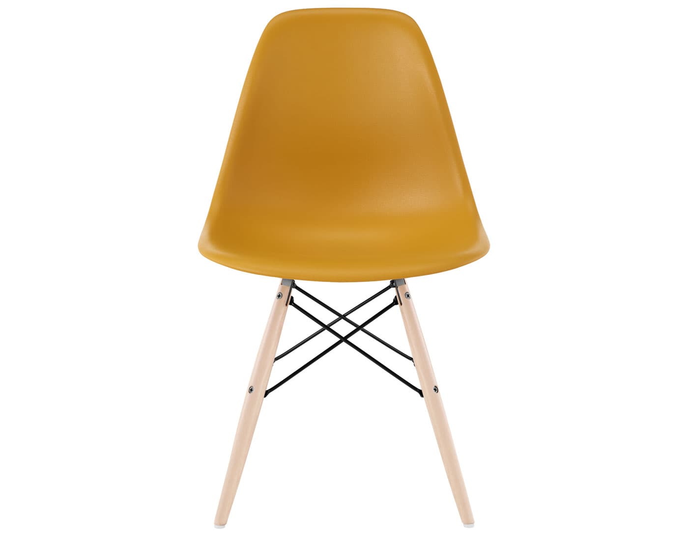 eames molded plastic side chair with dowel base / standard glides  / 100% recycled plastic - deep yellow  / maple with white glides  / black