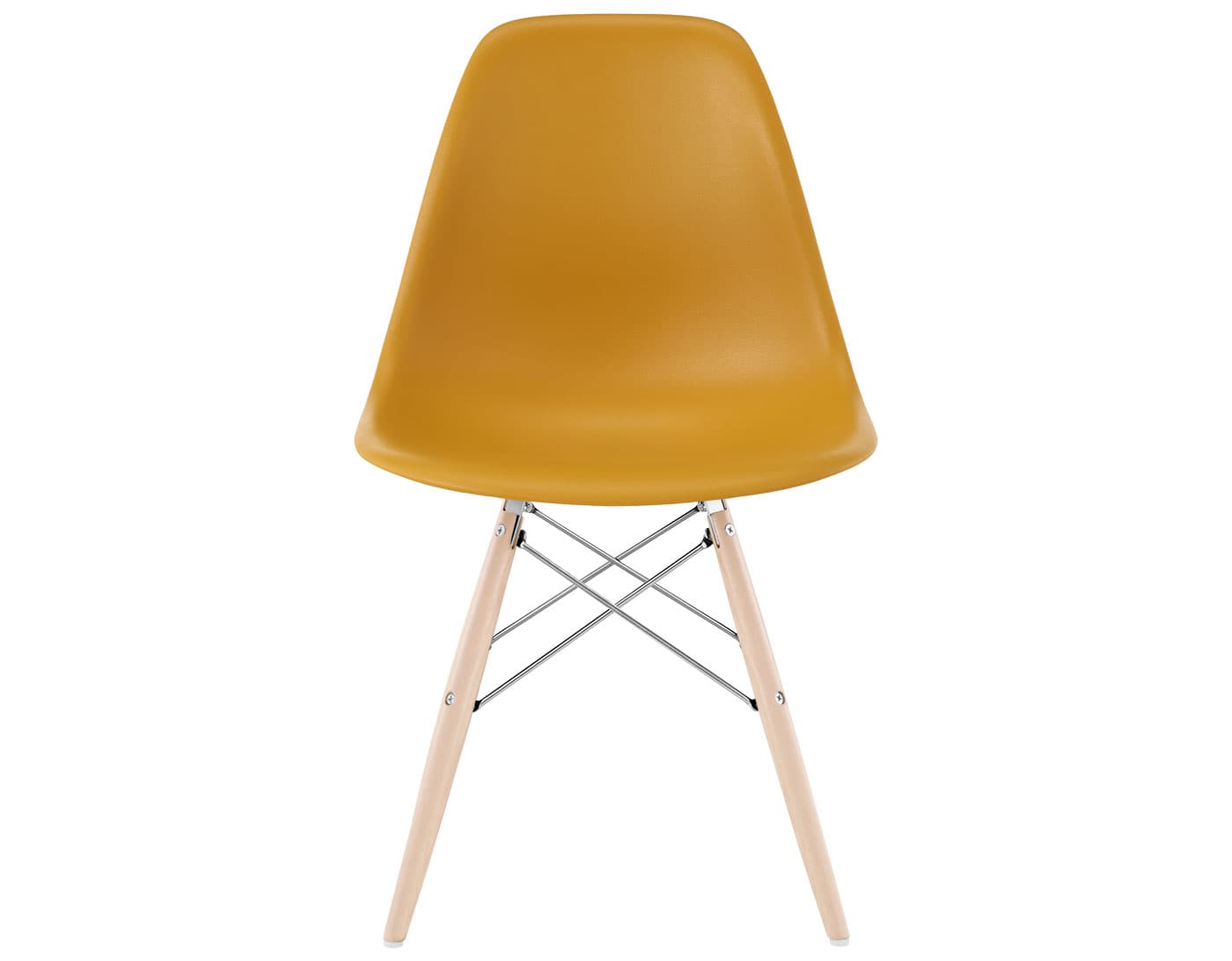 eames molded plastic side chair with dowel base / standard glides  / 100% recycled plastic - deep yellow  / maple with white glides  / trivalent chrome