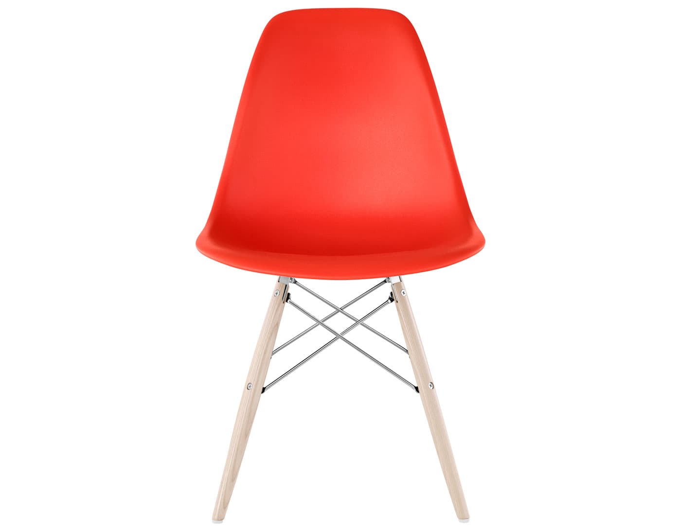eames molded plastic side chair with dowel base / standard glides  / 100% recycled plastic - red orange  / white ash with white glides  / trivalent chrome