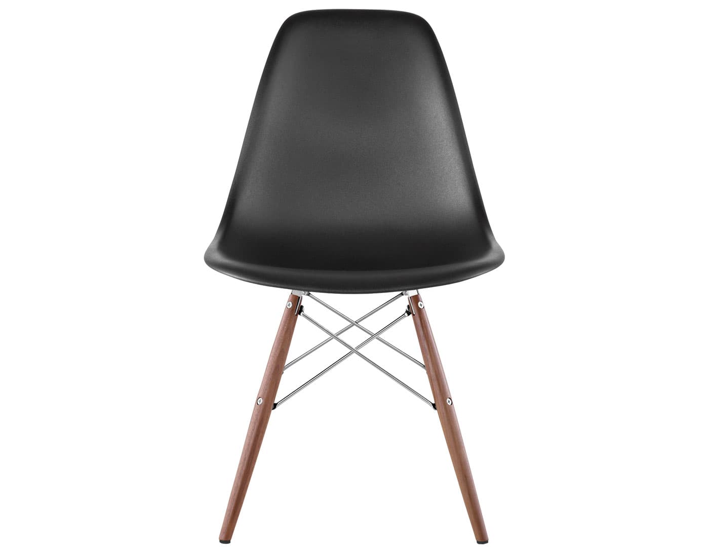 eames molded plastic side chair with dowel base / standard glides with felt bottom  / 100% recycled plastic - black  / walnut with black glides  / trivalent chrome