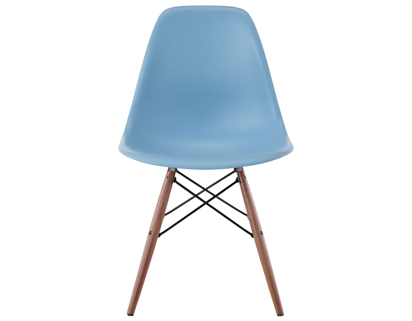 eames molded plastic side chair with dowel base / standard glides  / 100% recycled plastic - pale blue  / walnut with black glides  / black