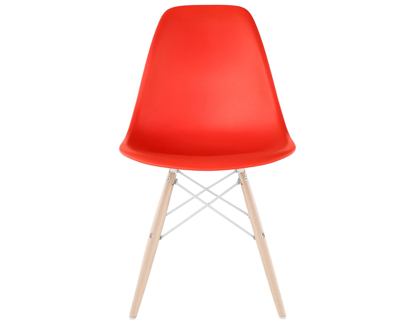 eames molded plastic side chair with dowel base / standard glides  / 100% recycled plastic - red orange  / maple with white glides  / white