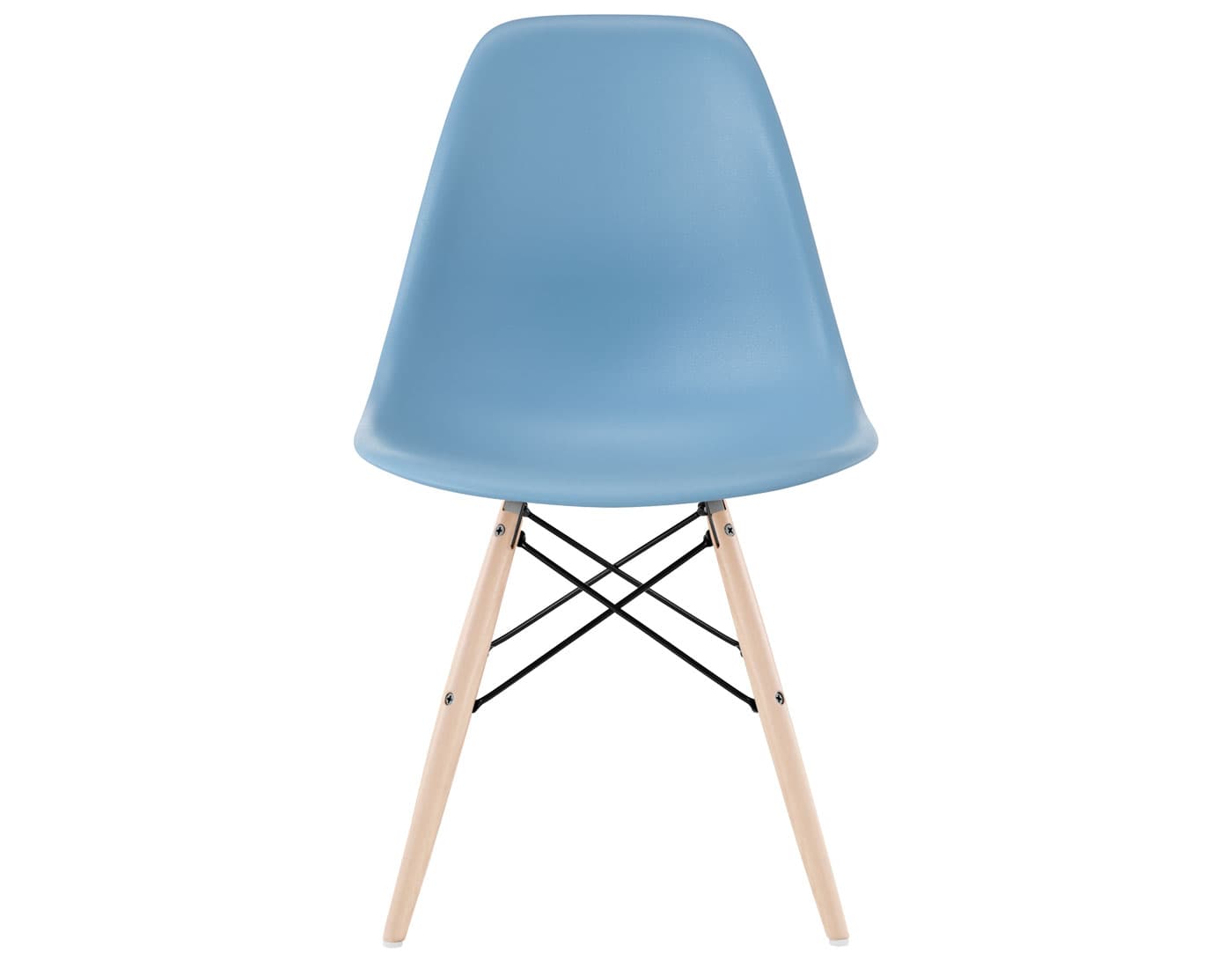 eames molded plastic side chair with dowel base / standard glides  / 100% recycled plastic - pale blue  / maple with white glides  / black