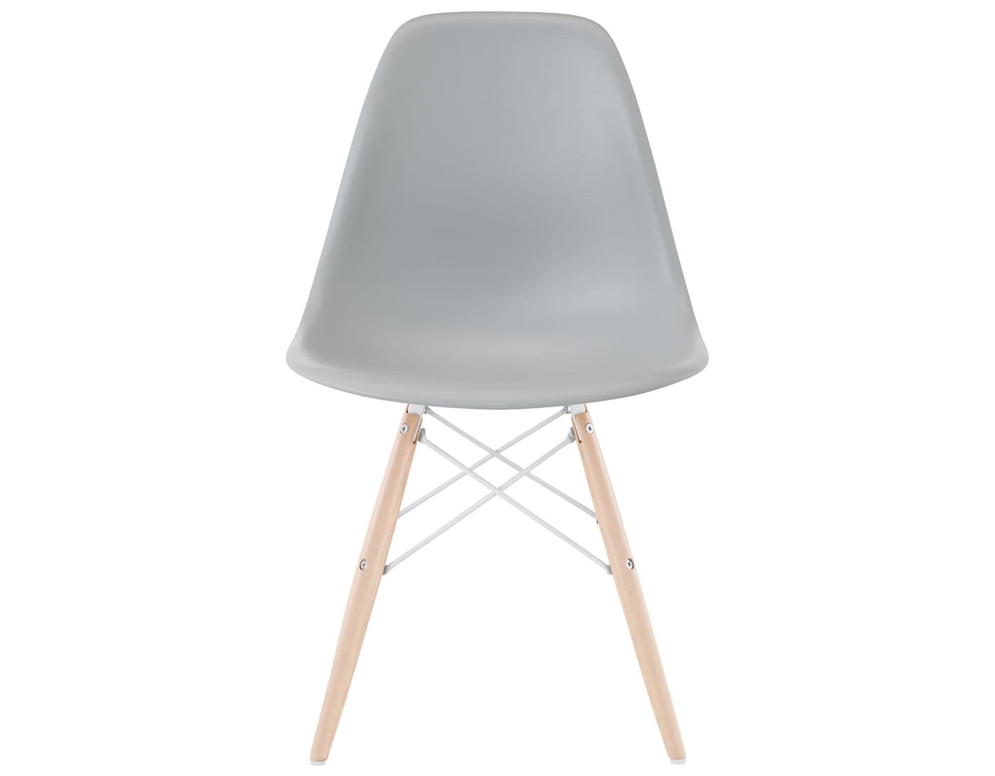 eames molded plastic side chair with dowel base / standard glides  / 100% recycled plastic - light grey  / maple with white glides  / white