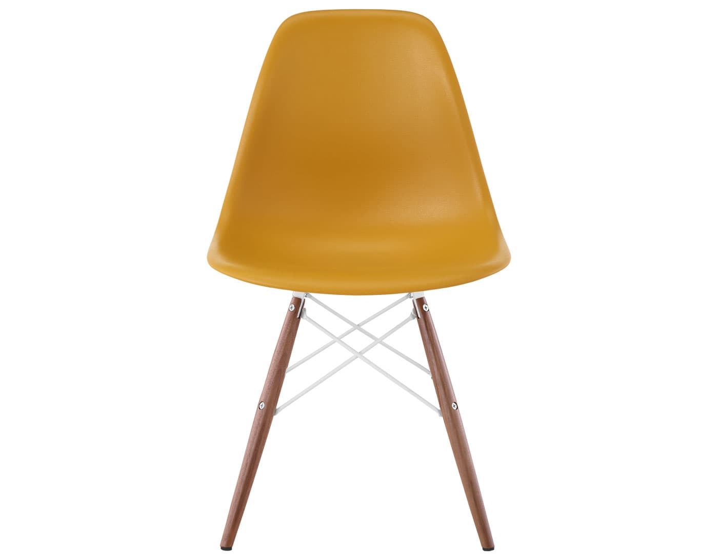 eames molded plastic side chair with dowel base / standard glides with felt bottom  / 100% recycled plastic - deep yellow  / walnut with black glides  / white