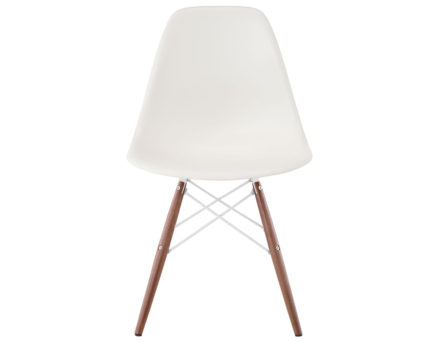 eames molded plastic side chair with dowel base / standard glides with felt bottom  / 100% recycled plastic - white  / walnut with black glides  / white