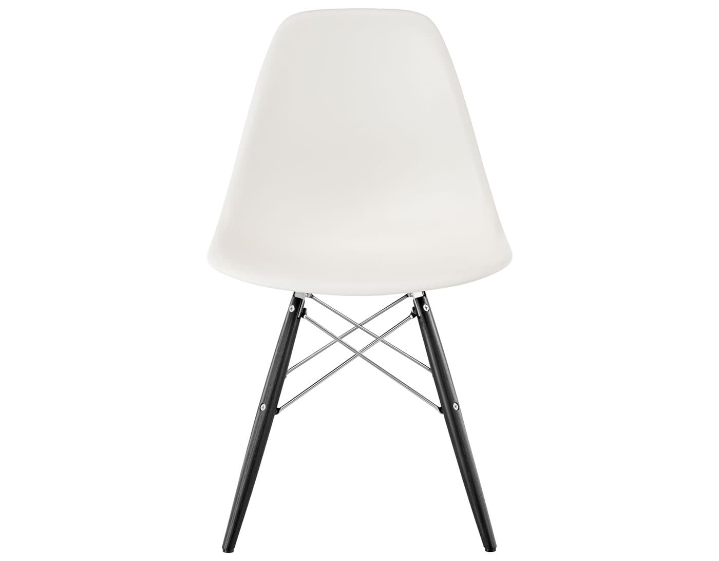 eames molded plastic side chair with dowel base / standard glides with felt bottom  / 100% recycled plastic - white  / ebony with black glides  / trivalent chrome