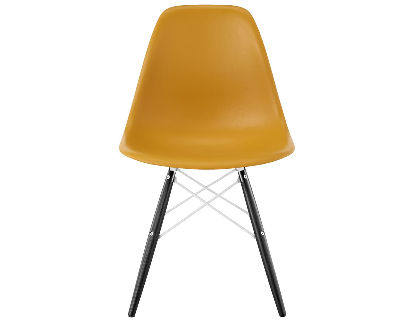 eames molded plastic side chair with dowel base / standard glides with felt bottom  / 100% recycled plastic - deep yellow  / ebony with black glides  / white