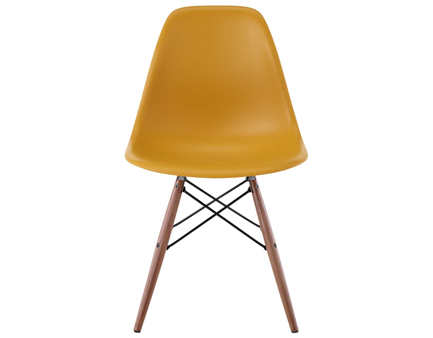 eames molded plastic side chair with dowel base / standard glides with felt bottom  / 100% recycled plastic - deep yellow  / walnut with black glides  / black
