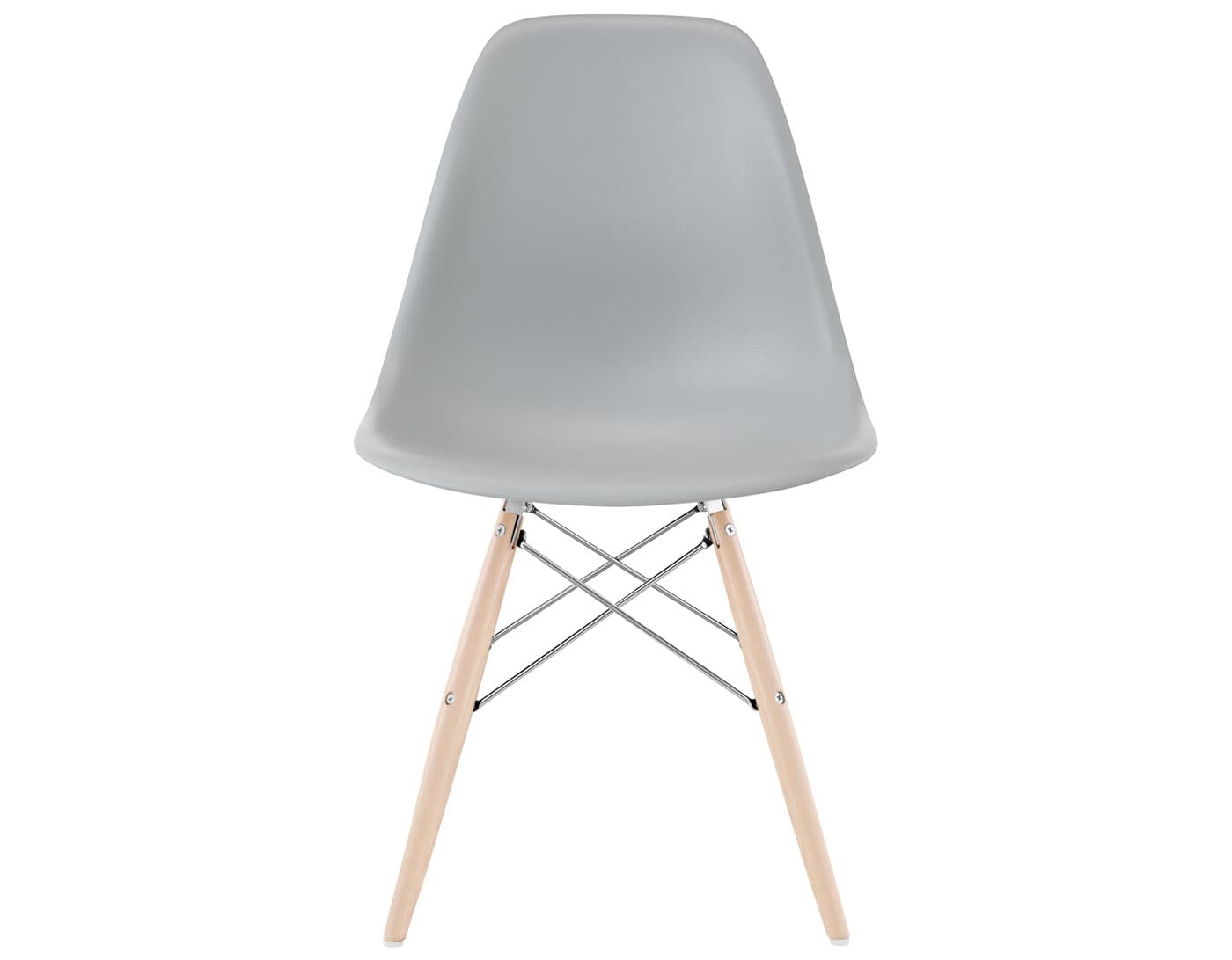 eames molded plastic side chair with dowel base / standard glides with felt bottom  / 100% recycled plastic - light grey  / maple with white glides  / trivalent chrome
