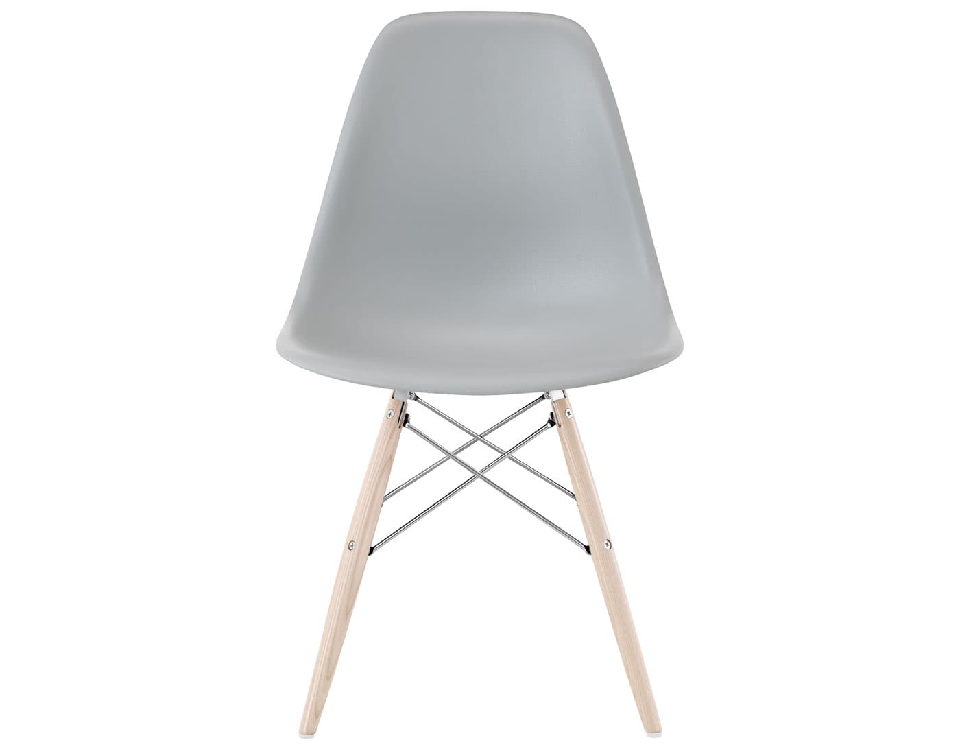 eames molded plastic side chair with dowel base / standard glides with felt bottom  / 100% recycled plastic - light grey  / white ash with white glides  / trivalent chrome