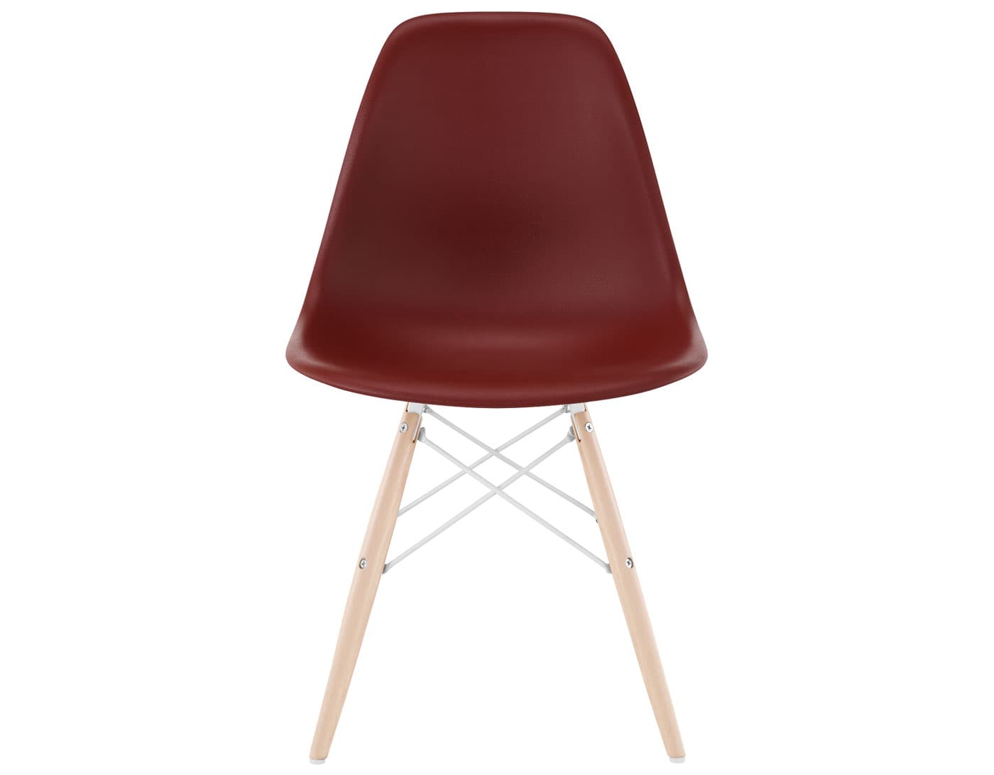 eames molded plastic side chair with dowel base / standard glides  / 100% recycled plastic - brick red  / maple with white glides  / white