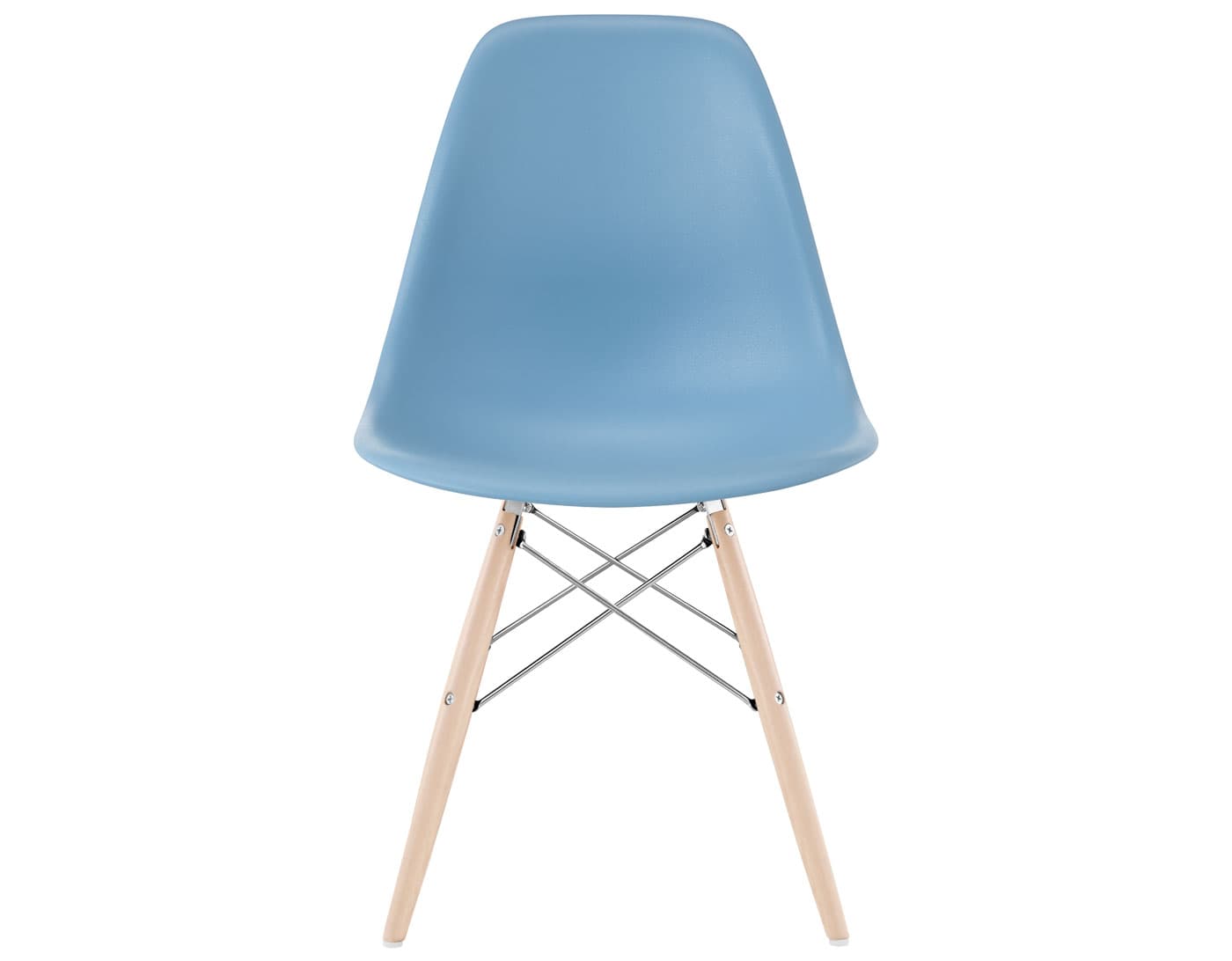 eames molded plastic side chair with dowel base / standard glides  / 100% recycled plastic - pale blue  / maple with white glides  / trivalent chrome