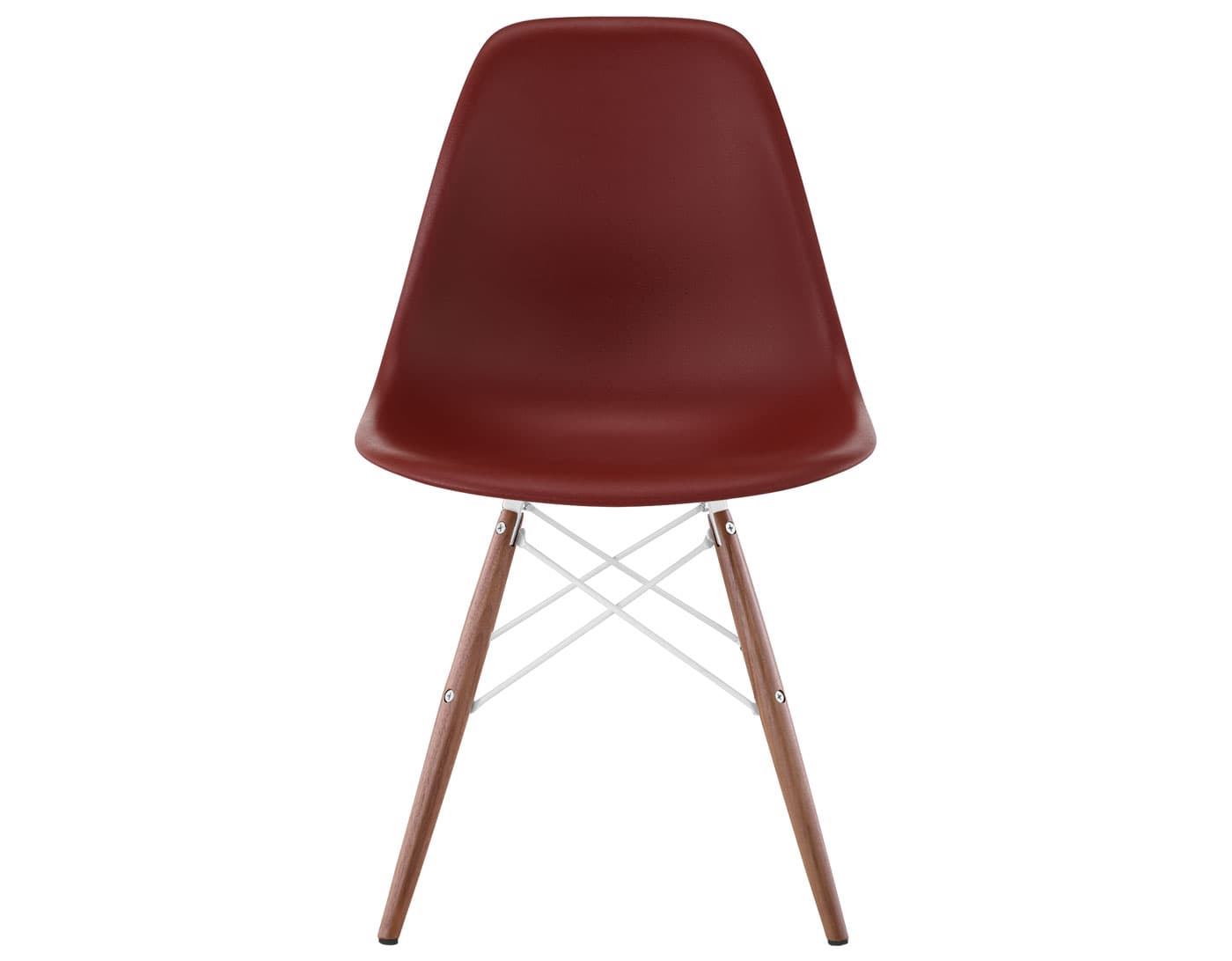 eames molded plastic side chair with dowel base / standard glides with felt bottom  / 100% recycled plastic - brick red  / walnut with black glides  / white