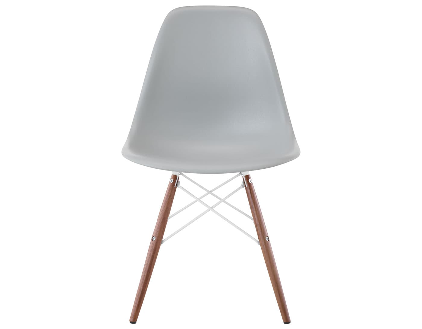 eames molded plastic side chair with dowel base / standard glides  / 100% recycled plastic - light grey  / walnut with black glides  / white