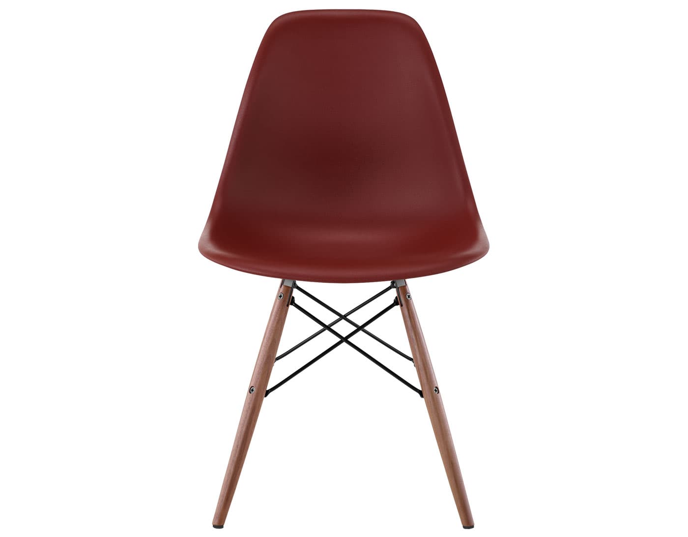 eames molded plastic side chair with dowel base / standard glides with felt bottom  / 100% recycled plastic - brick red  / walnut with black glides  / black