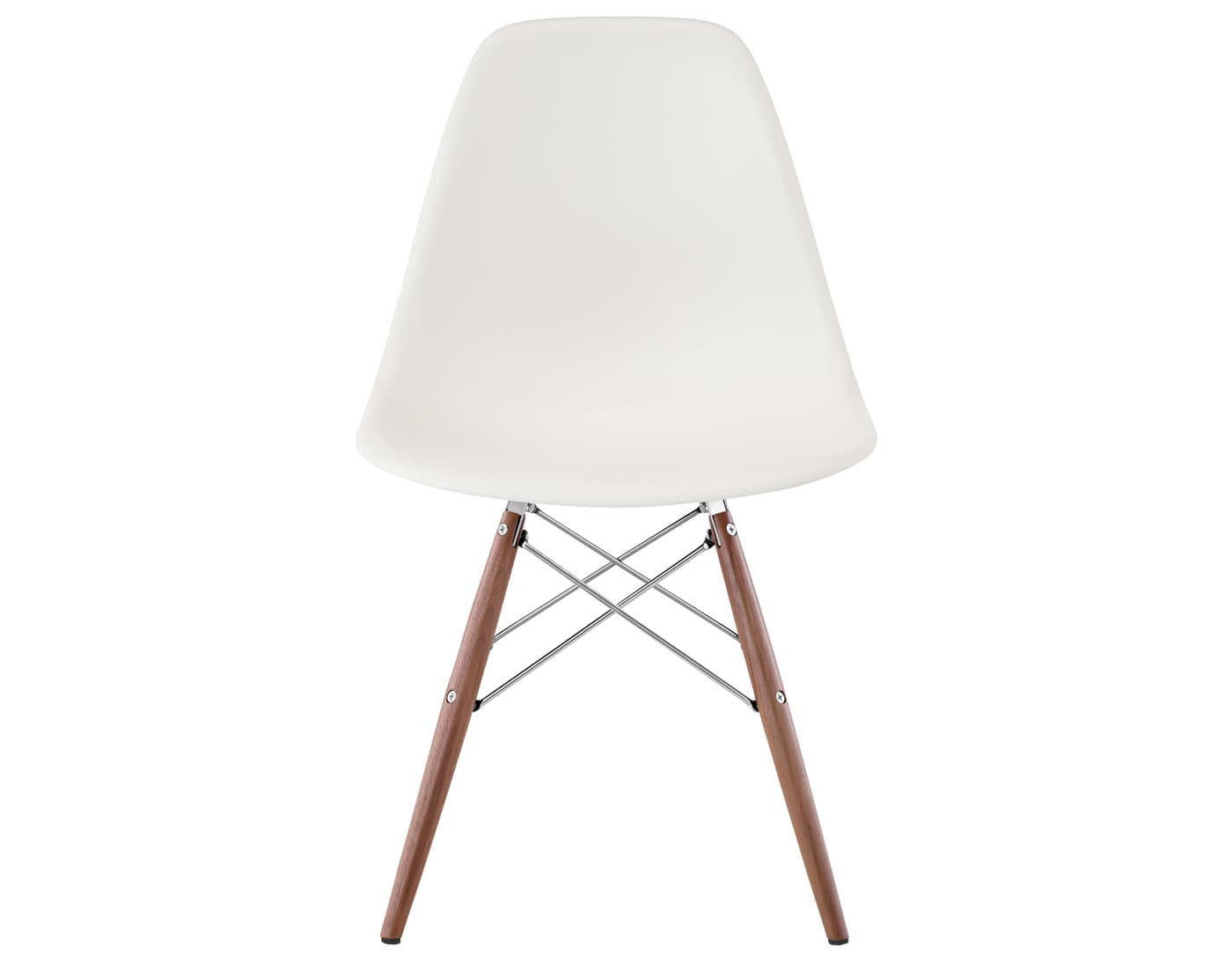 eames molded plastic side chair with dowel base / standard glides with felt bottom  / 100% recycled plastic - white  / walnut with black glides  / trivalent chrome
