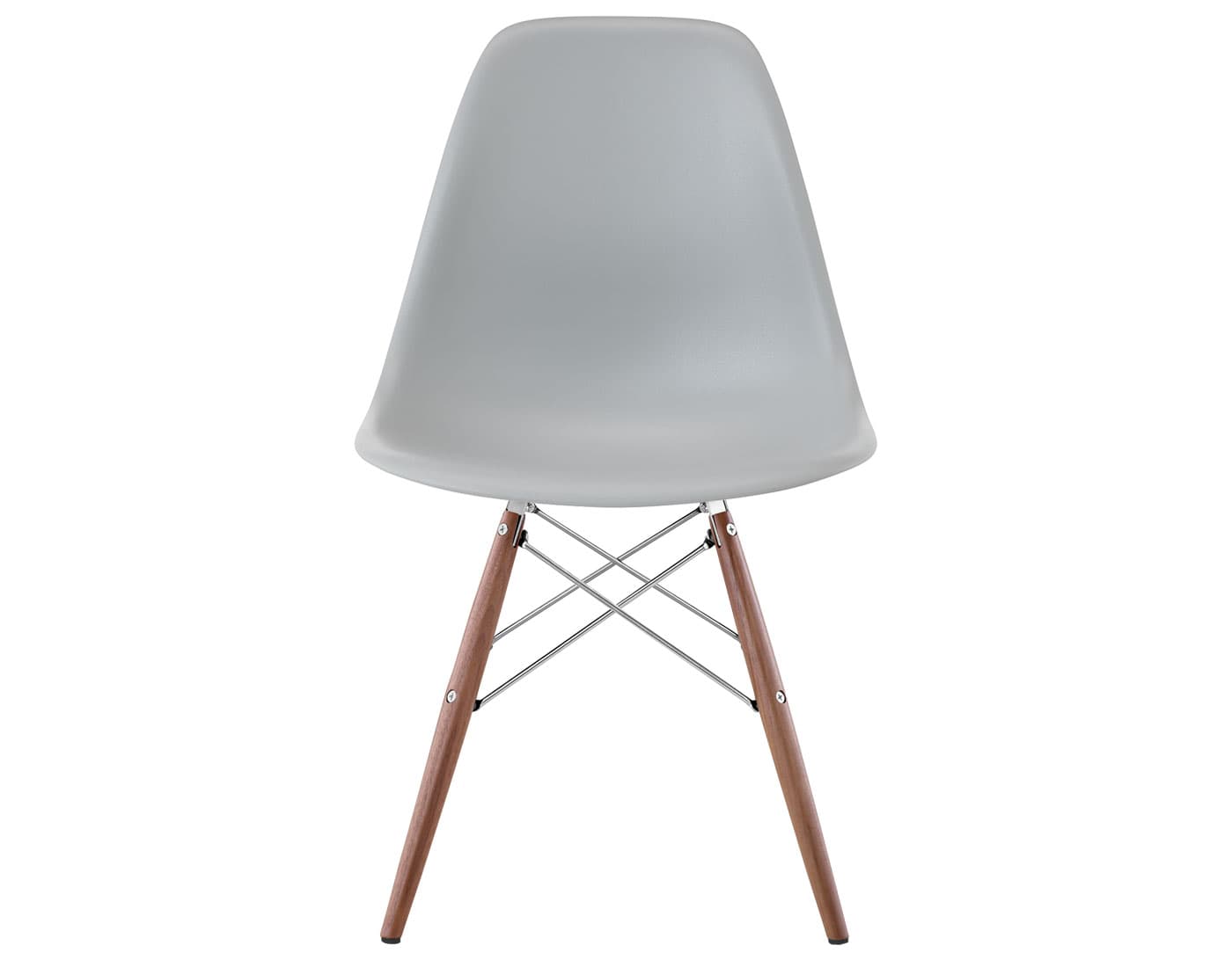 eames molded plastic side chair with dowel base / standard glides with felt bottom  / 100% recycled plastic - light grey  / walnut with black glides  / trivalent chrome