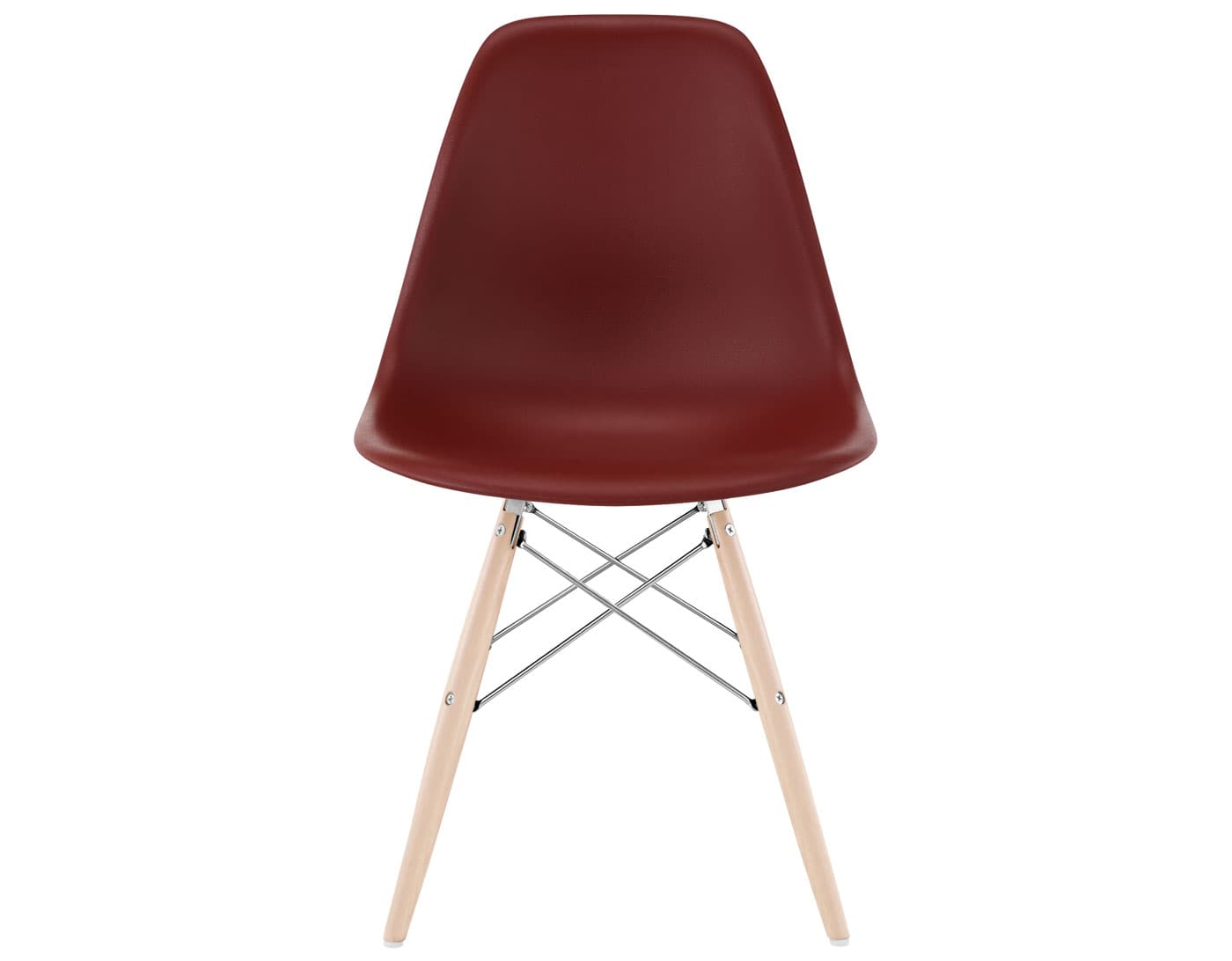 eames molded plastic side chair with dowel base / standard glides with felt bottom  / 100% recycled plastic - brick red  / maple with white glides  / trivalent chrome