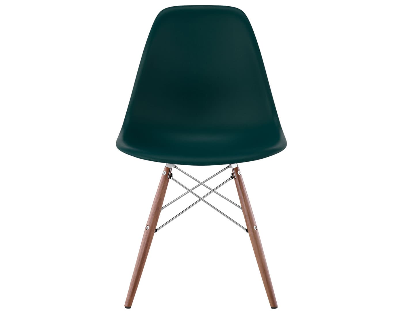 eames molded plastic side chair with dowel base / standard glides with felt bottom  / 100% recycled plastic - evergreen  / walnut with black glides  / trivalent chrome