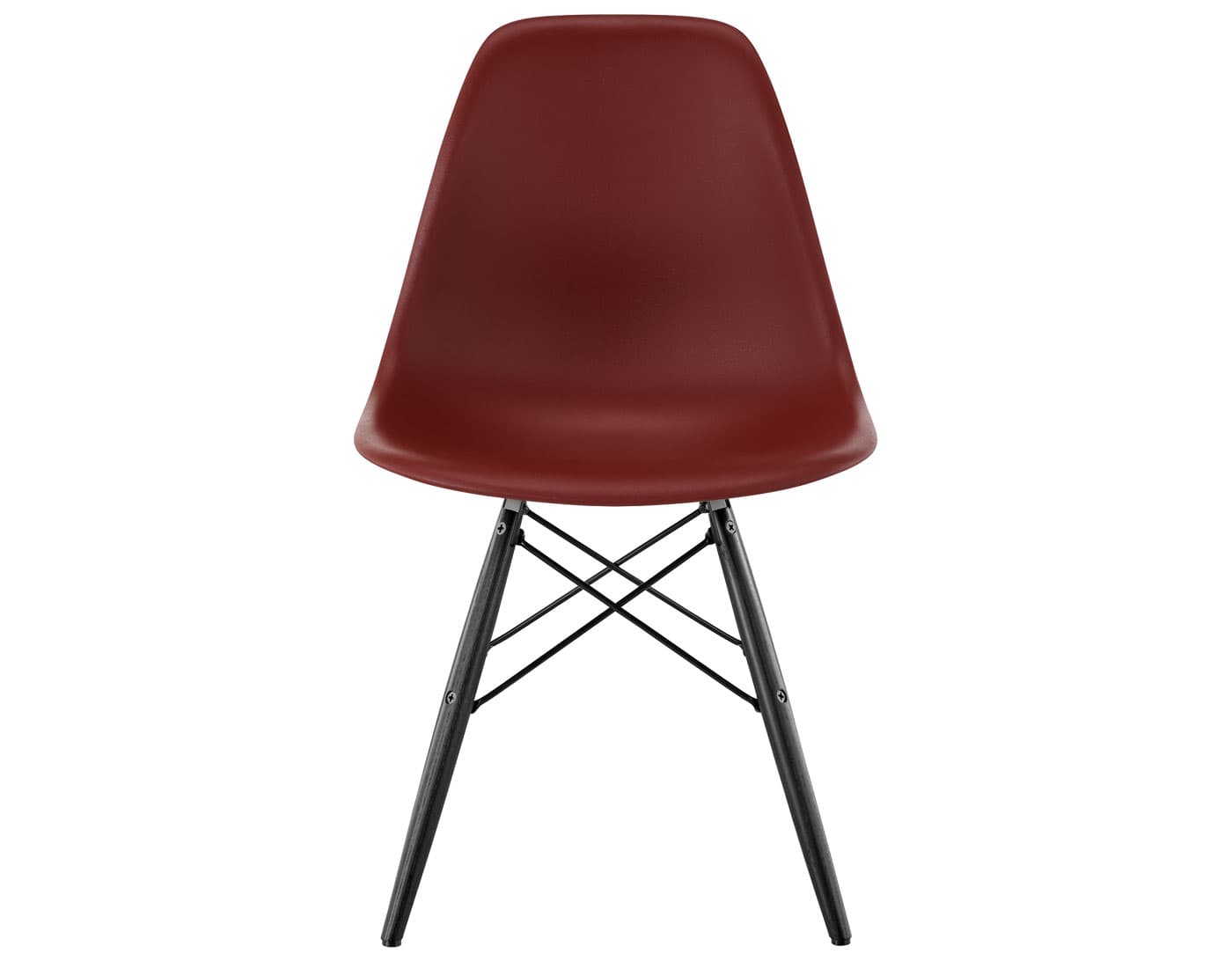 eames molded plastic side chair with dowel base / standard glides with felt bottom  / 100% recycled plastic - brick red  / ebony with black glides  / black