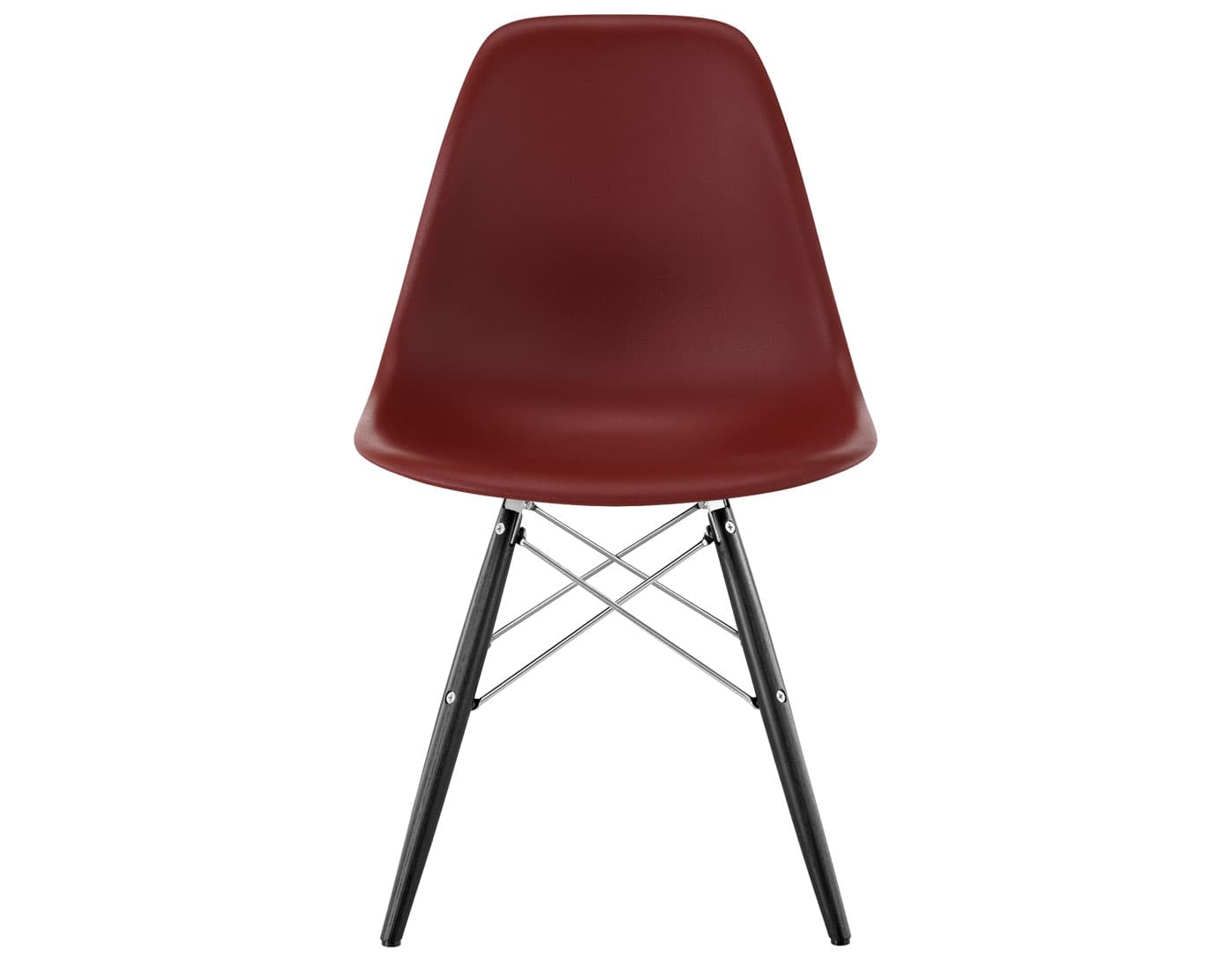 eames molded plastic side chair with dowel base / standard glides with felt bottom  / 100% recycled plastic - brick red  / ebony with black glides  / trivalent chrome
