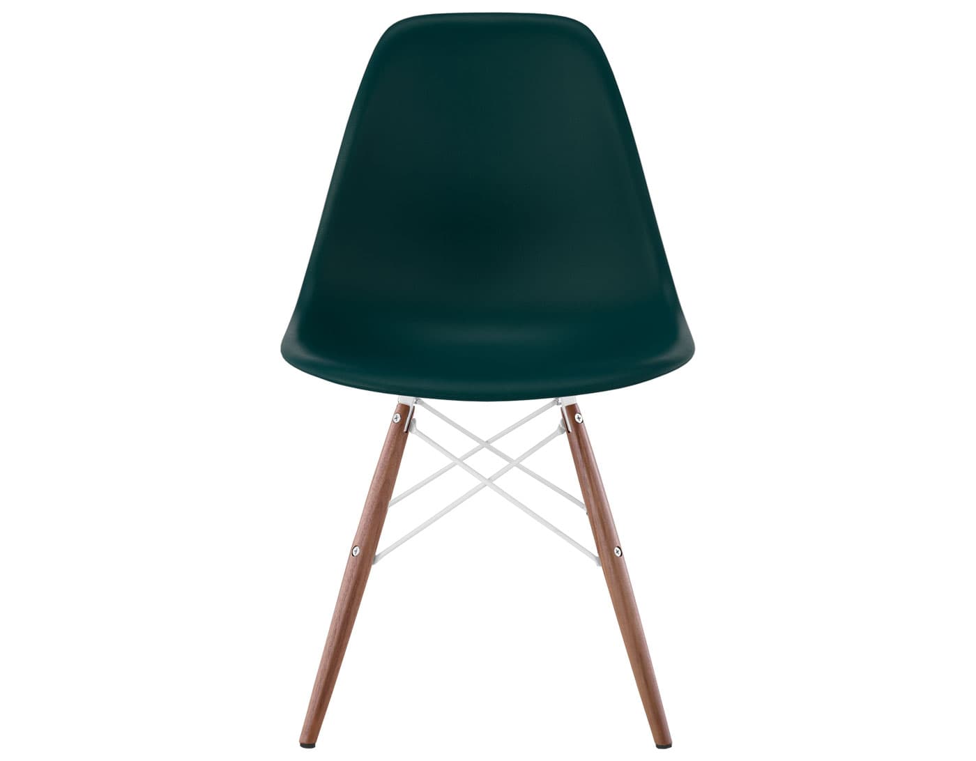 eames molded plastic side chair with dowel base / standard glides with felt bottom  / 100% recycled plastic - evergreen  / walnut with black glides  / white