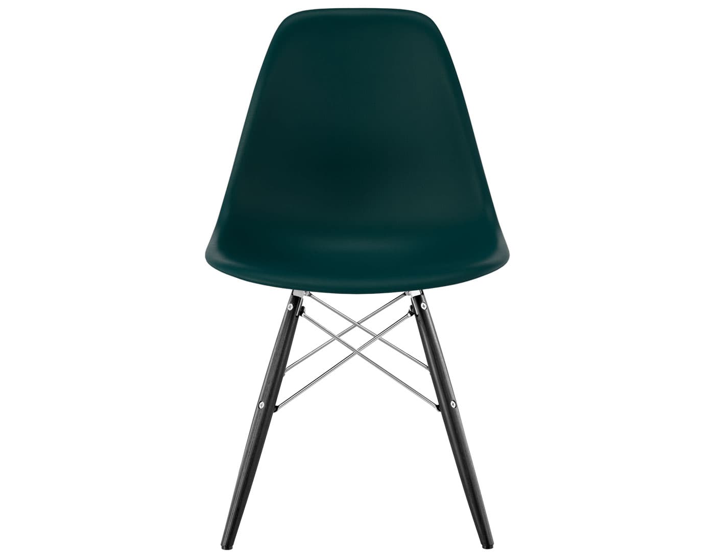eames molded plastic side chair with dowel base / standard glides with felt bottom  / 100% recycled plastic - evergreen  / ebony with black glides  / trivalent chrome