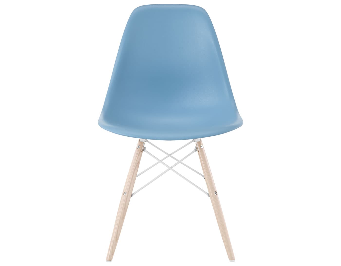 eames molded plastic side chair with dowel base / standard glides with felt bottom  / 100% recycled plastic - pale blue  / white ash with white glides  / white