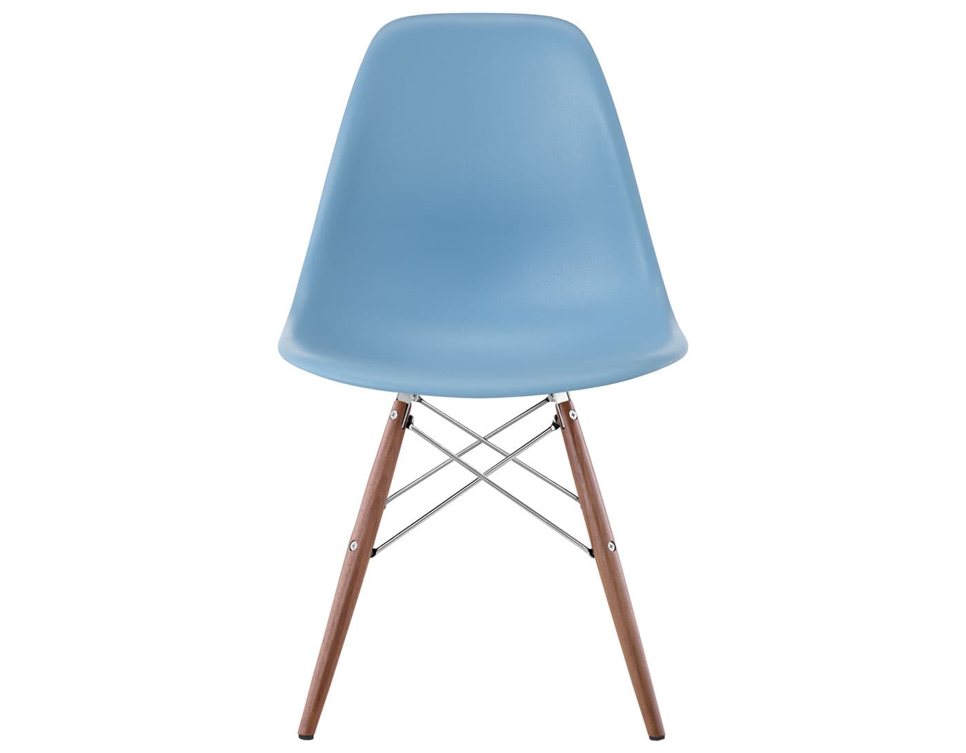 eames molded plastic side chair with dowel base / standard glides with felt bottom  / 100% recycled plastic - pale blue  / walnut with black glides  / trivalent chrome