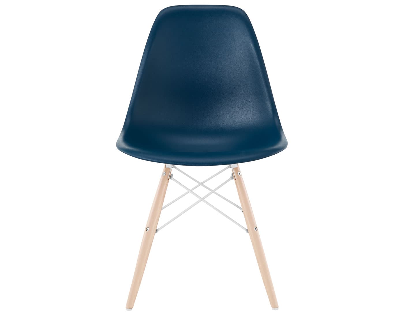 eames molded plastic side chair with dowel base / standard glides with felt bottom  / 100% recycled plastic - blue green  / maple with white glides  / white