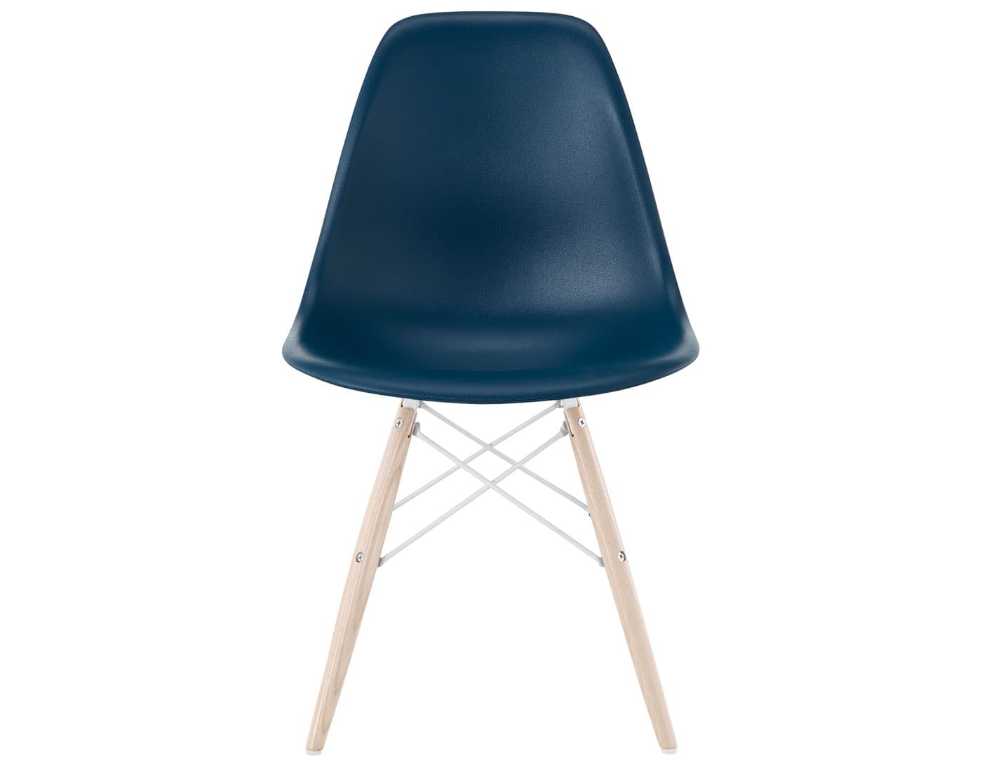 eames molded plastic side chair with dowel base / standard glides with felt bottom  / 100% recycled plastic - blue green  / white ash with white glides  / white