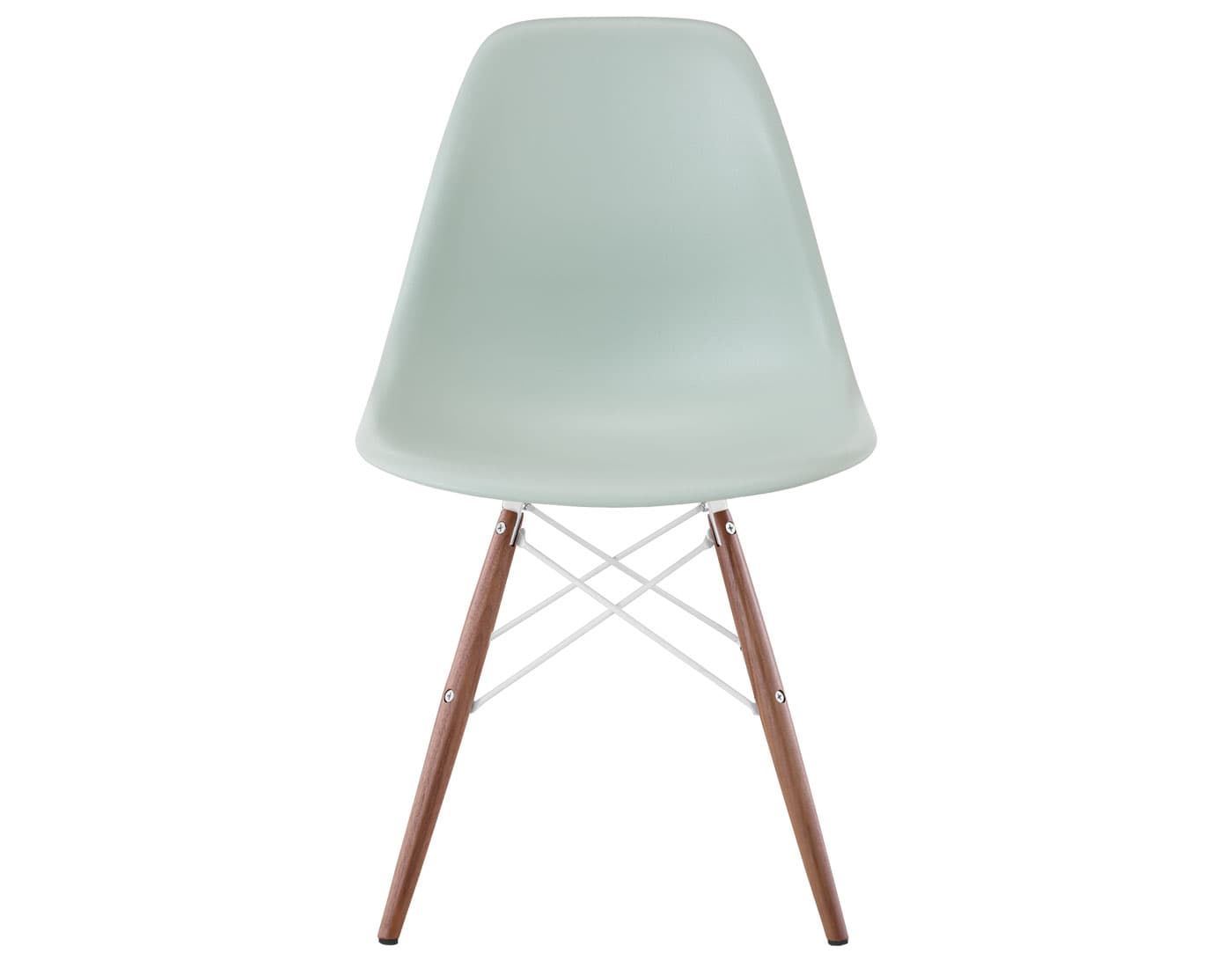 eames molded plastic side chair with dowel base / standard glides  / 100% recycled plastic - grey green  / walnut with black glides  / white