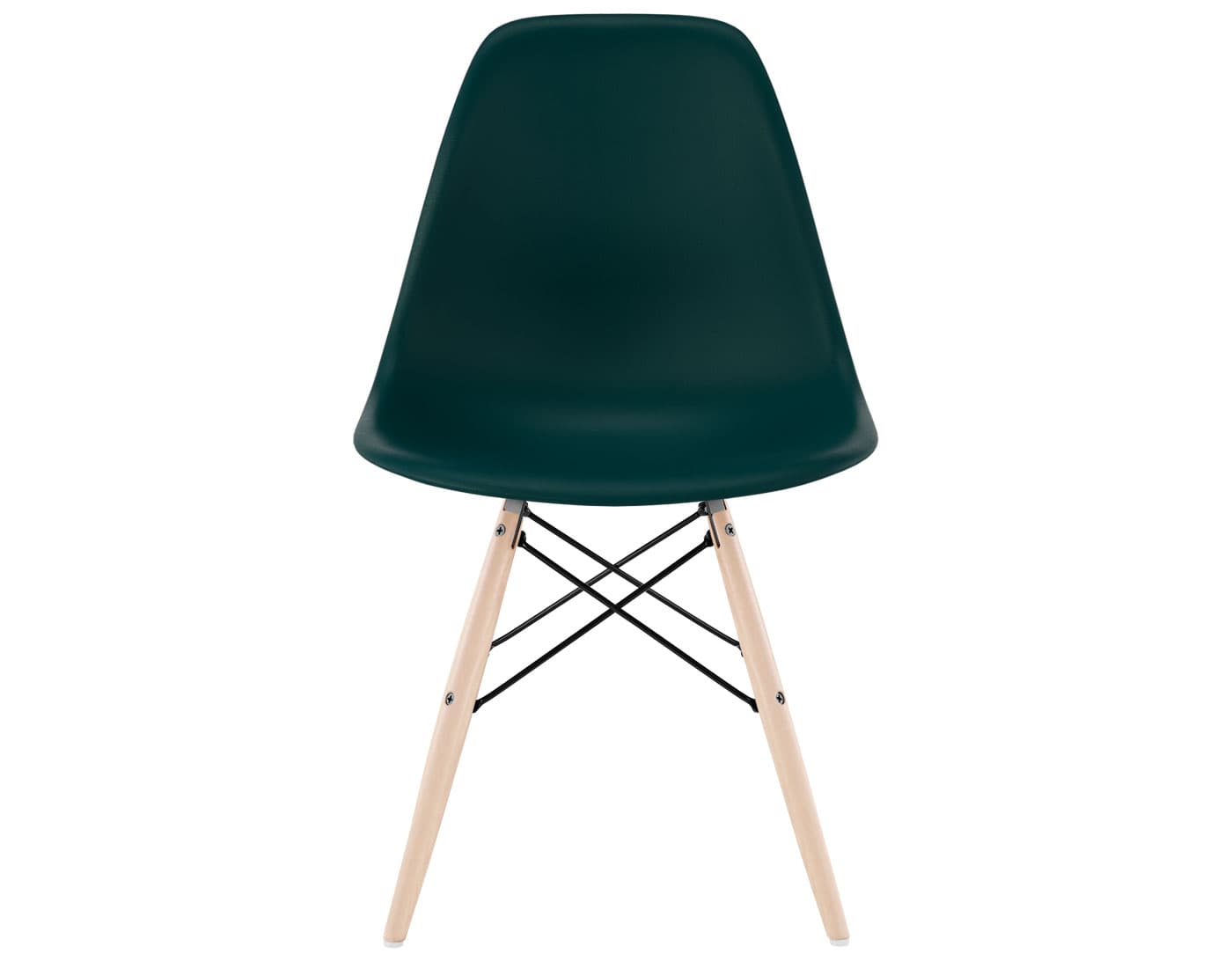 eames molded plastic side chair with dowel base / standard glides  / 100% recycled plastic - evergreen  / maple with white glides  / black