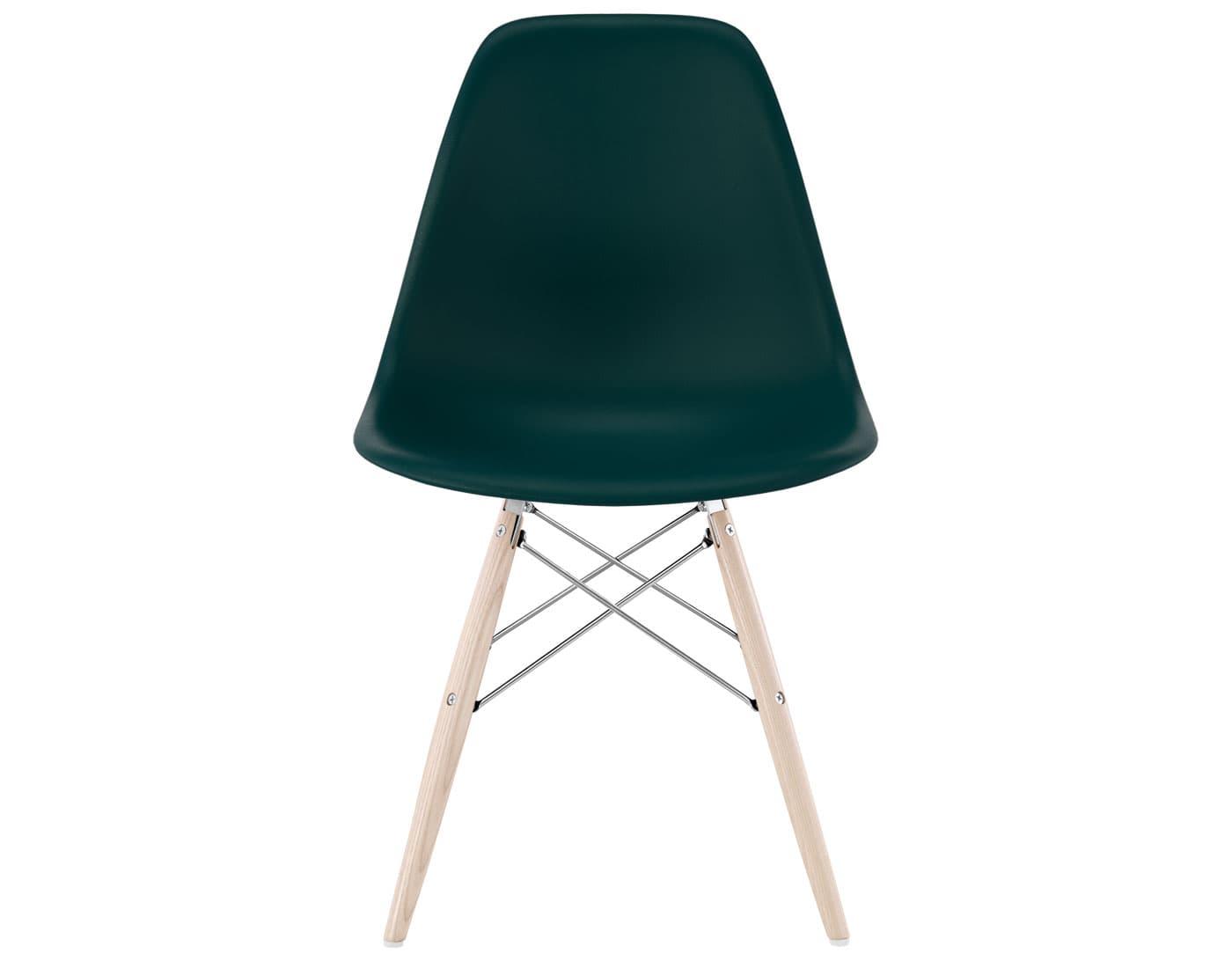 eames molded plastic side chair with dowel base / standard glides  / 100% recycled plastic - evergreen  / white ash with white glides  / trivalent chrome