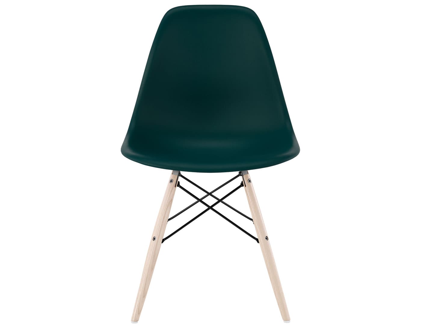 eames molded plastic side chair with dowel base / standard glides with felt bottom  / 100% recycled plastic - evergreen  / white ash with white glides  / black