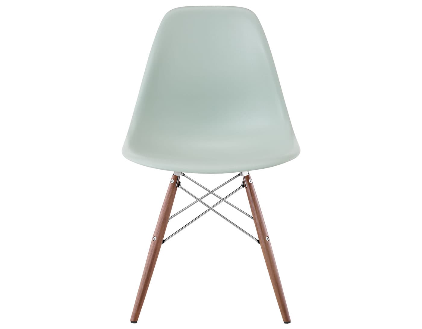 eames molded plastic side chair with dowel base / standard glides with felt bottom  / 100% recycled plastic - grey green  / walnut with black glides  / trivalent chrome
