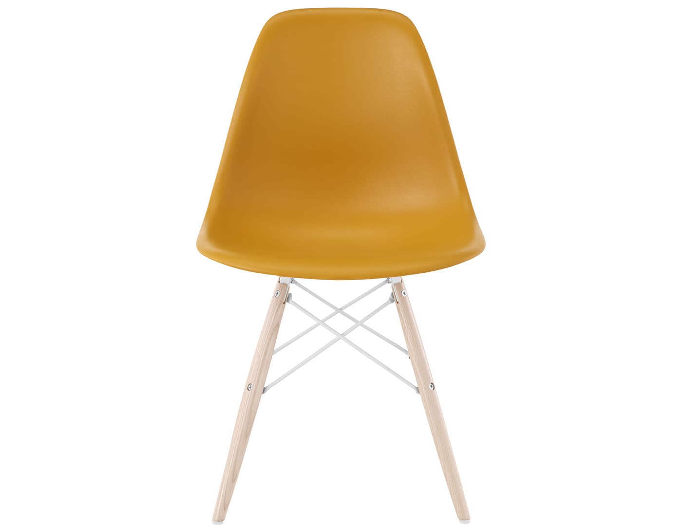 eames molded plastic side chair with dowel base / standard glides with felt bottom  / 100% recycled plastic - deep yellow  / white ash with white glides  / white